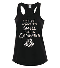 Load image into Gallery viewer, Smell Like A Campfire Ladies Tanks White Letters
