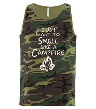 Load image into Gallery viewer, Smell Like A Campfire Tanks White Letters
