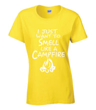 Load image into Gallery viewer, Smell Like A Campfire Ladies T-shirts White Letters
